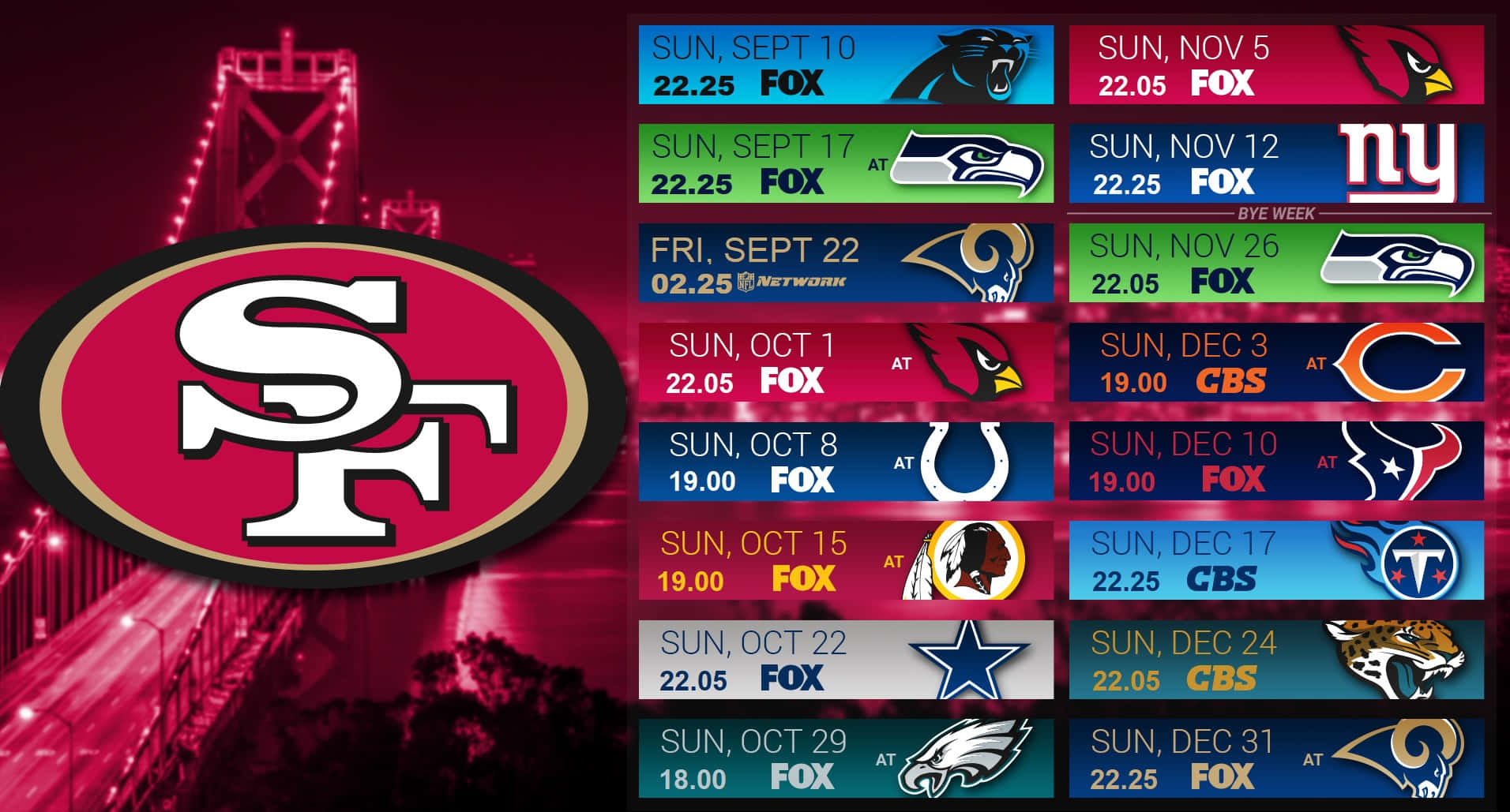 49ers 桌布 壁紙 — 舊金山49人賽程桌布，包含球隊標誌和對陣NFL球隊的比賽日期，背景為發光的紅色橋樑。