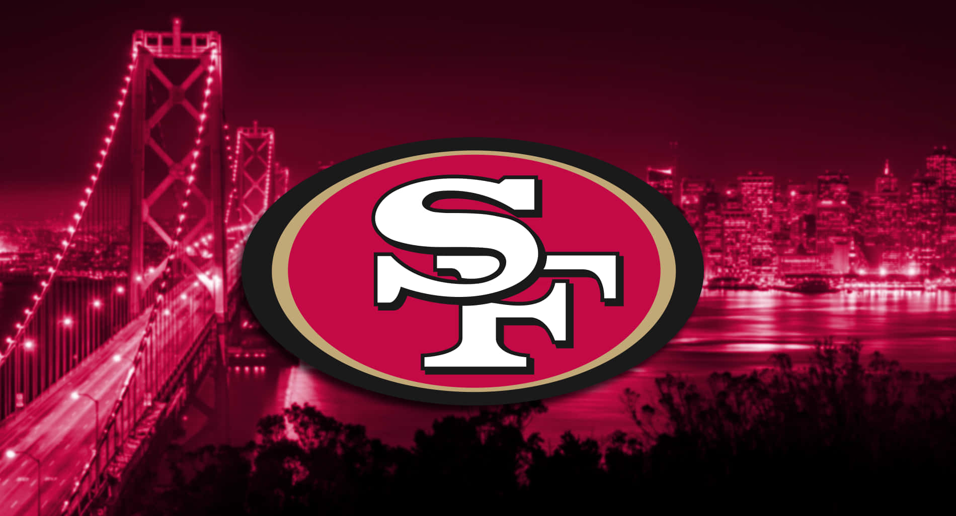 49ers 桌布 壁紙 — 舊金山49人隊標誌主導了夜間城市景觀，帶有發光的紅色橋樑和天際線。