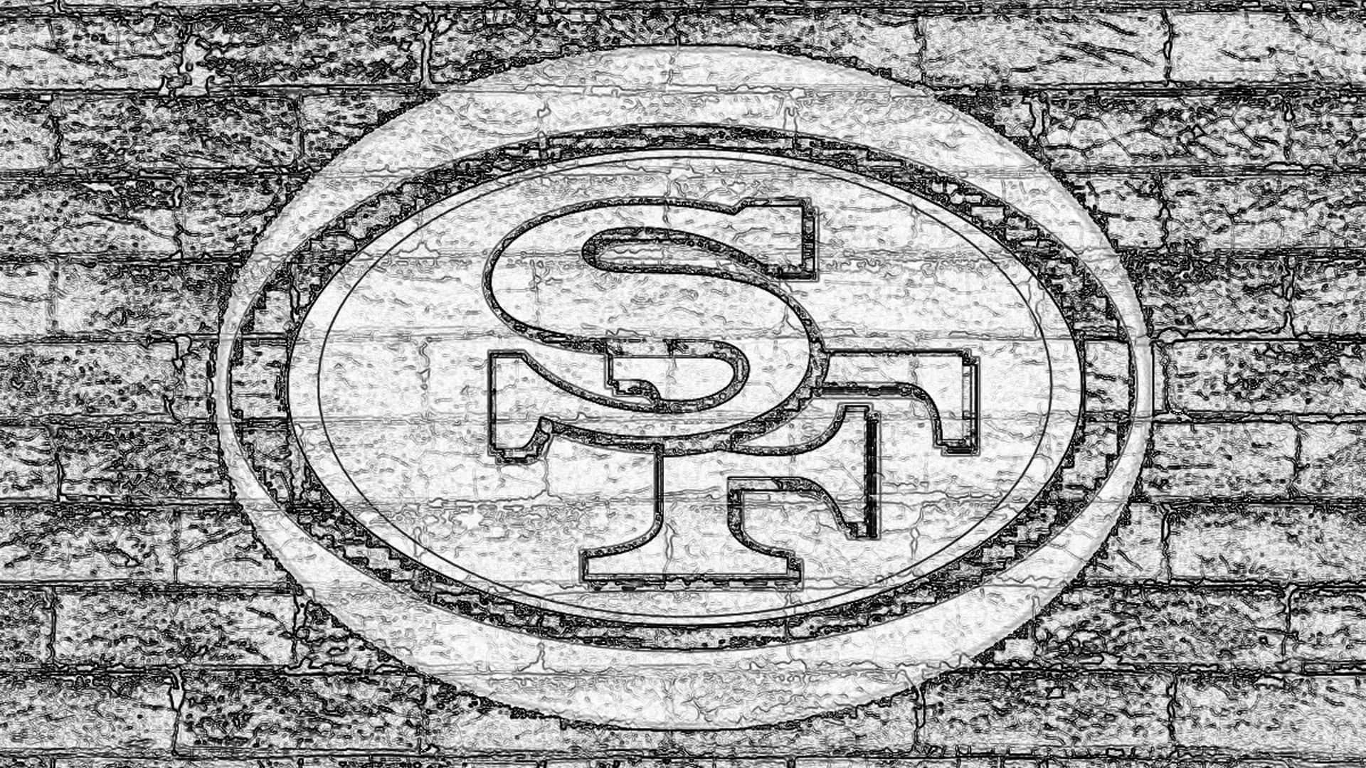 49ers 桌布 壁紙 — 舊金山49人隊標誌以單色蝕刻在風化磚牆上，帶有粗糙質感。