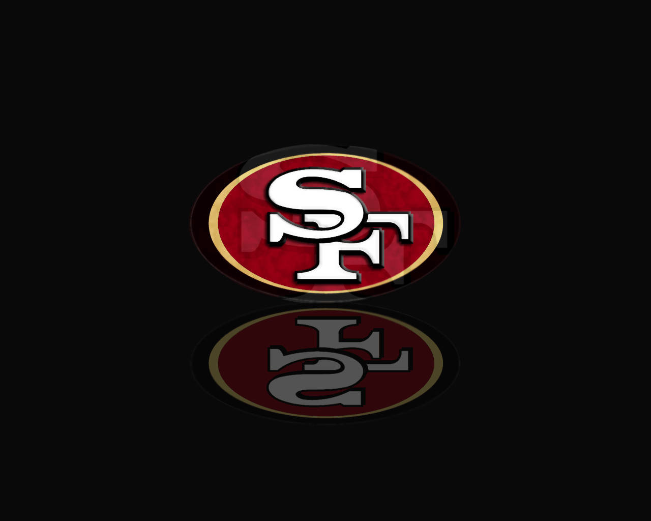 49ers 桌布 壁紙 — 舊金山49人隊標誌以鮮明的紅、金、白色在純黑背景上閃耀，下方帶有微妙的倒影。