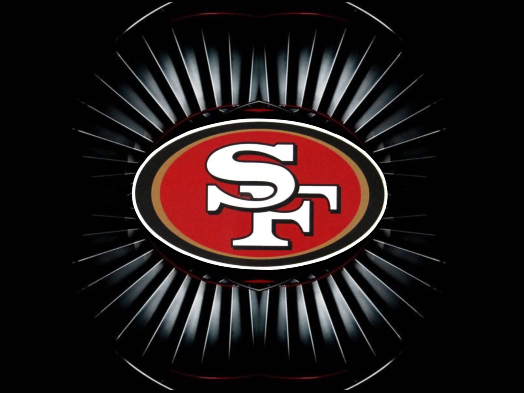 49ers 桌布 壁紙 — 舊金山49人隊標誌居中，帶有發光的銀色尖刺，背景為黑色。