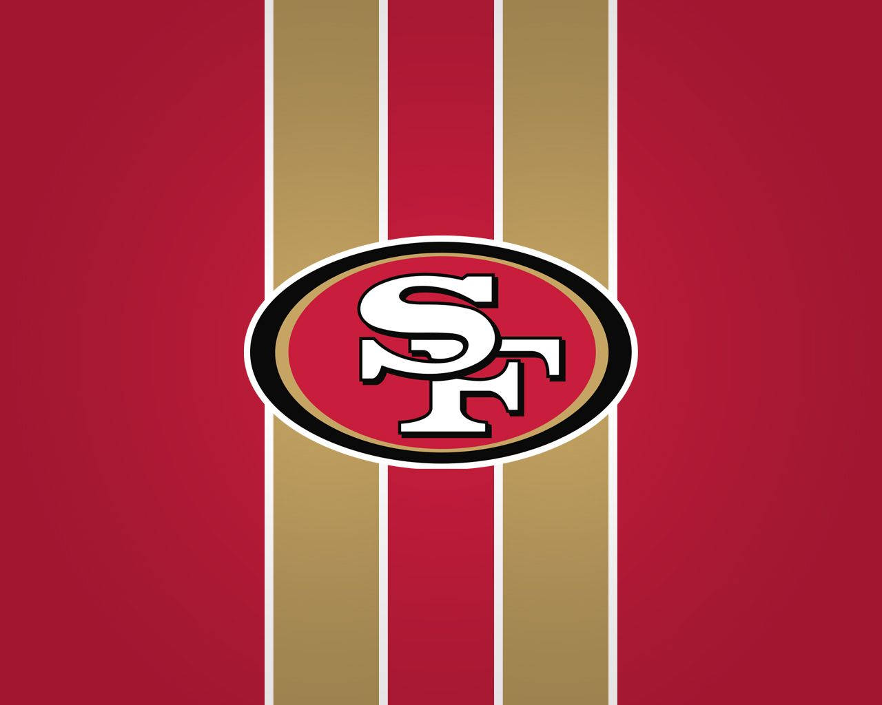 49ers 桌布 壁紙 — 舊金山49人隊標誌居中於大膽的紅、金、白垂直條紋背景上。