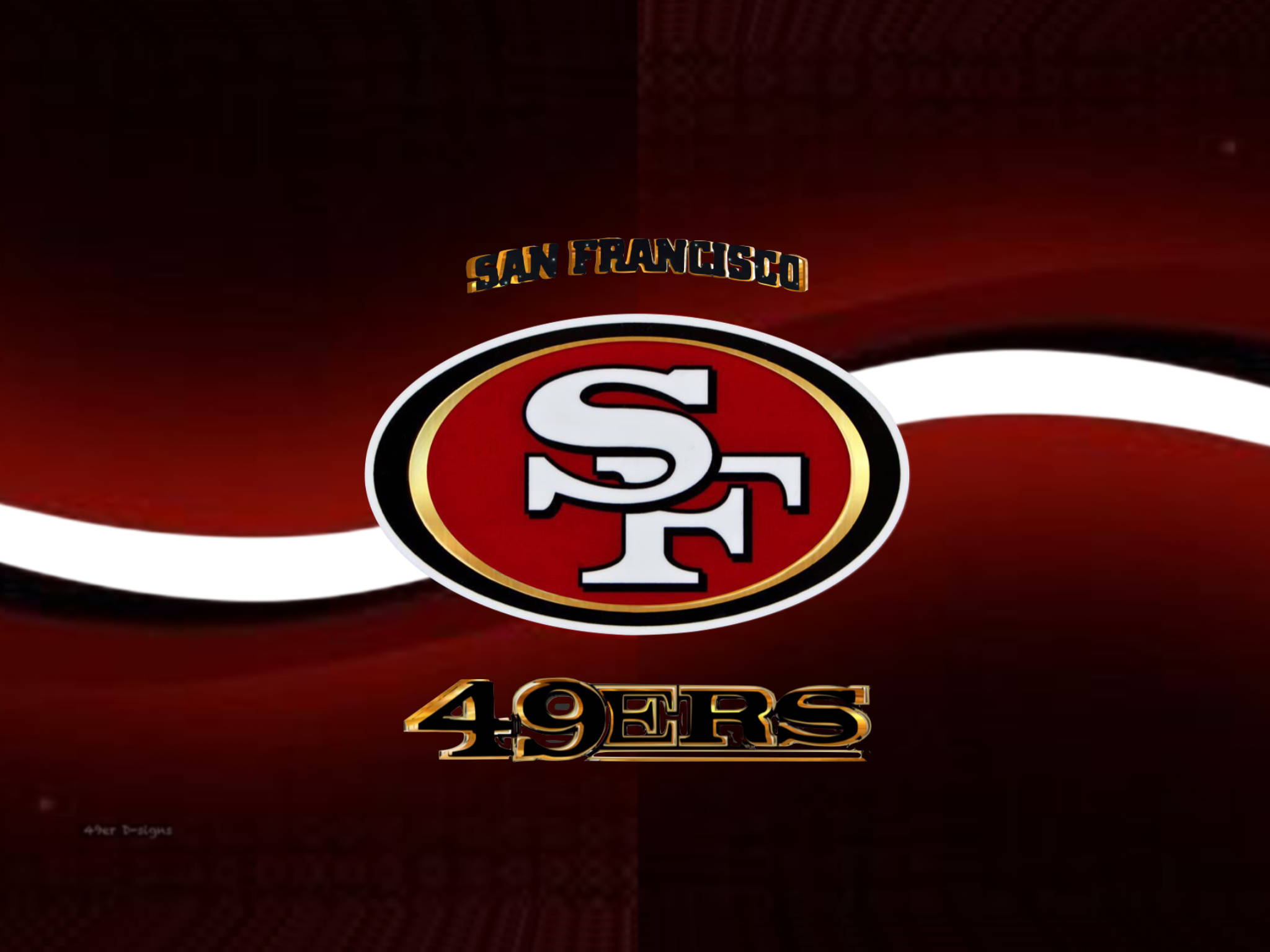 49ers 桌布 壁紙 — 舊金山49人隊標誌居中於深紅色漸變背景上，帶有白色曲線。