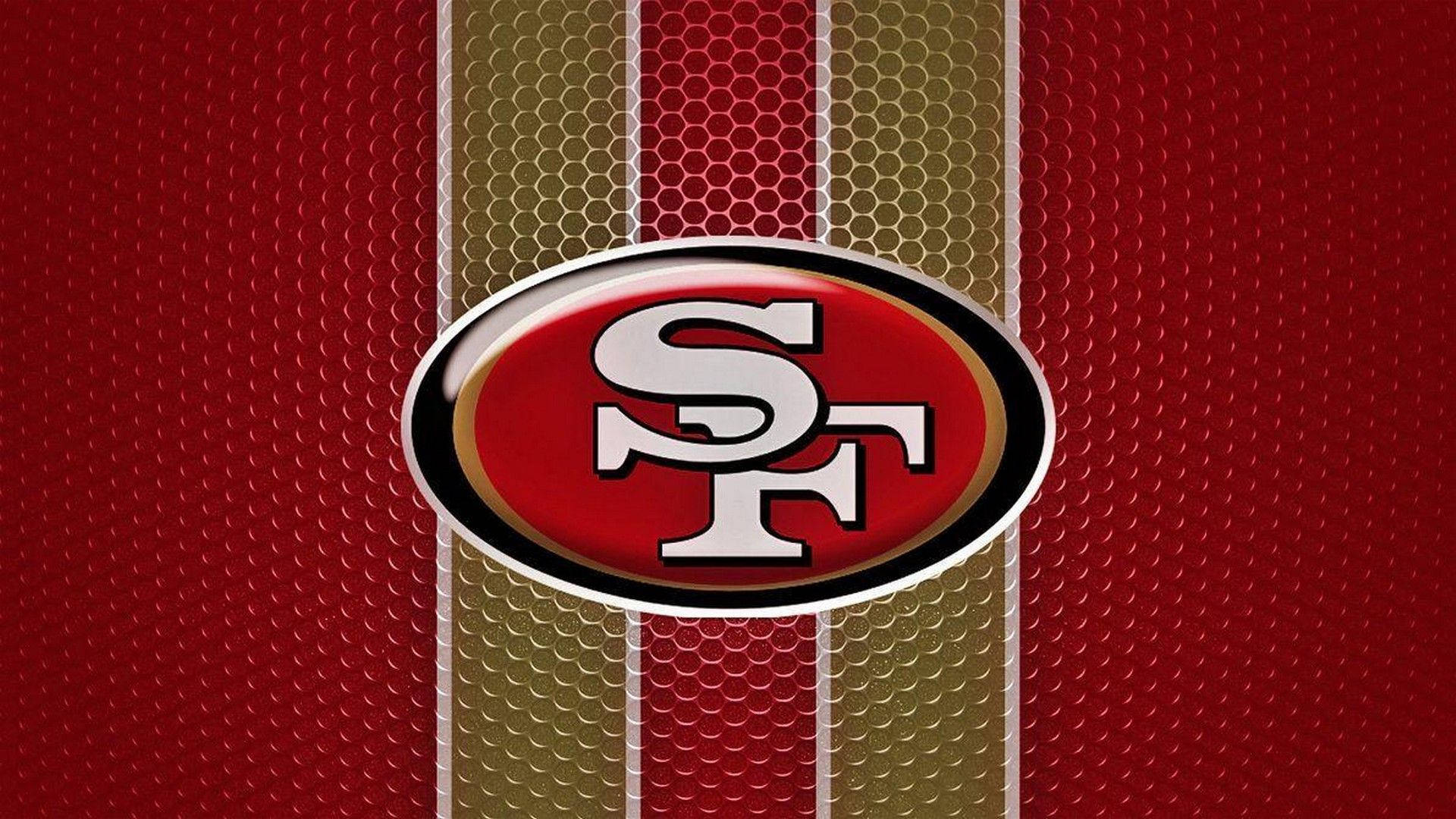 49ers 桌布 壁紙 — 舊金山49人隊標誌居中於紅、金、白條紋紋理背景上。