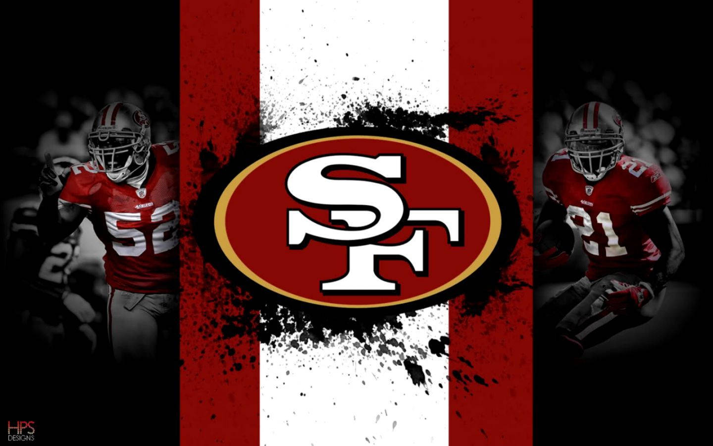 49ers 桌布 壁紙 — 舊金山49人隊標誌居中於紅白條紋上，兩側有兩名足球運動員擺出動作姿勢。