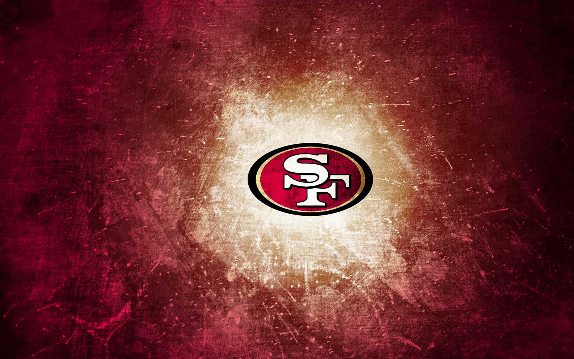 49ers 桌布 壁紙 — 舊金山49人隊標誌居中於紋理紅金磨損背景，帶有發光效果。