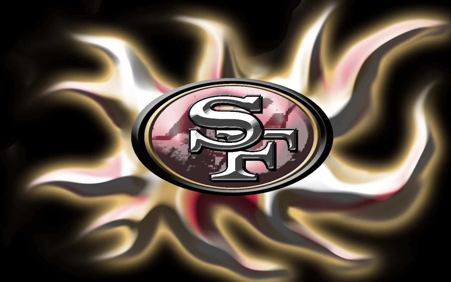 49ers 桌布 壁紙 — 舊金山49人隊標誌居中於金色、粉紅色和黑色火焰動態漩渦背景上。