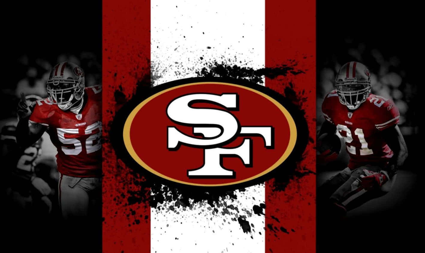 49ers 桌布 壁紙 — 舊金山49人隊的紅色制服足球員在鮮明的紅、白、黑潑濺背景上簇擁著球隊標誌。