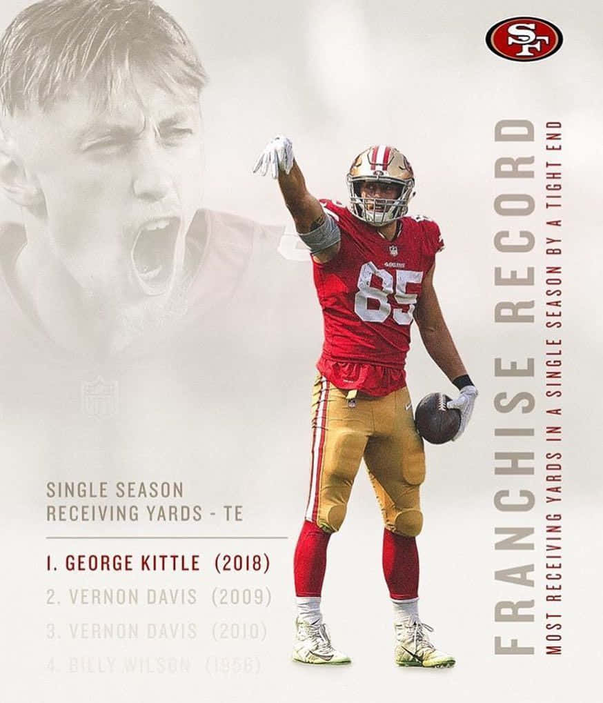 George Kittle 桌布 壁紙 — 舊金山49人隊的近端鋒身穿紅金色球衣，高舉拳頭，手持美式足球，背景是他充滿鬥志的臉部淡出效果。