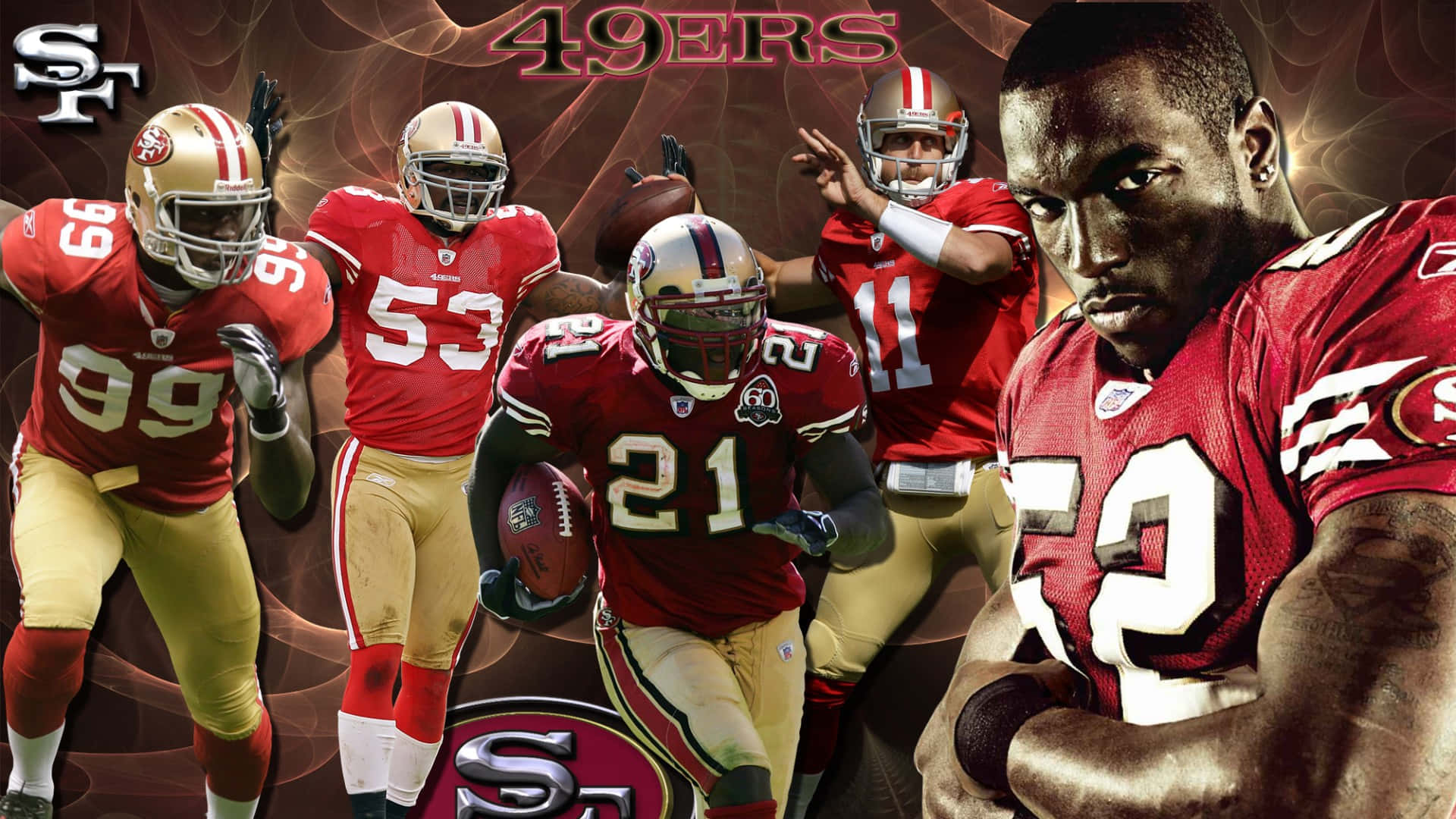 49ers 桌布 壁紙 — 舊金山49人隊美式足球員身穿紅金色球衣，在熾熱抽象背景前擺出強烈姿勢的動態拼貼畫。