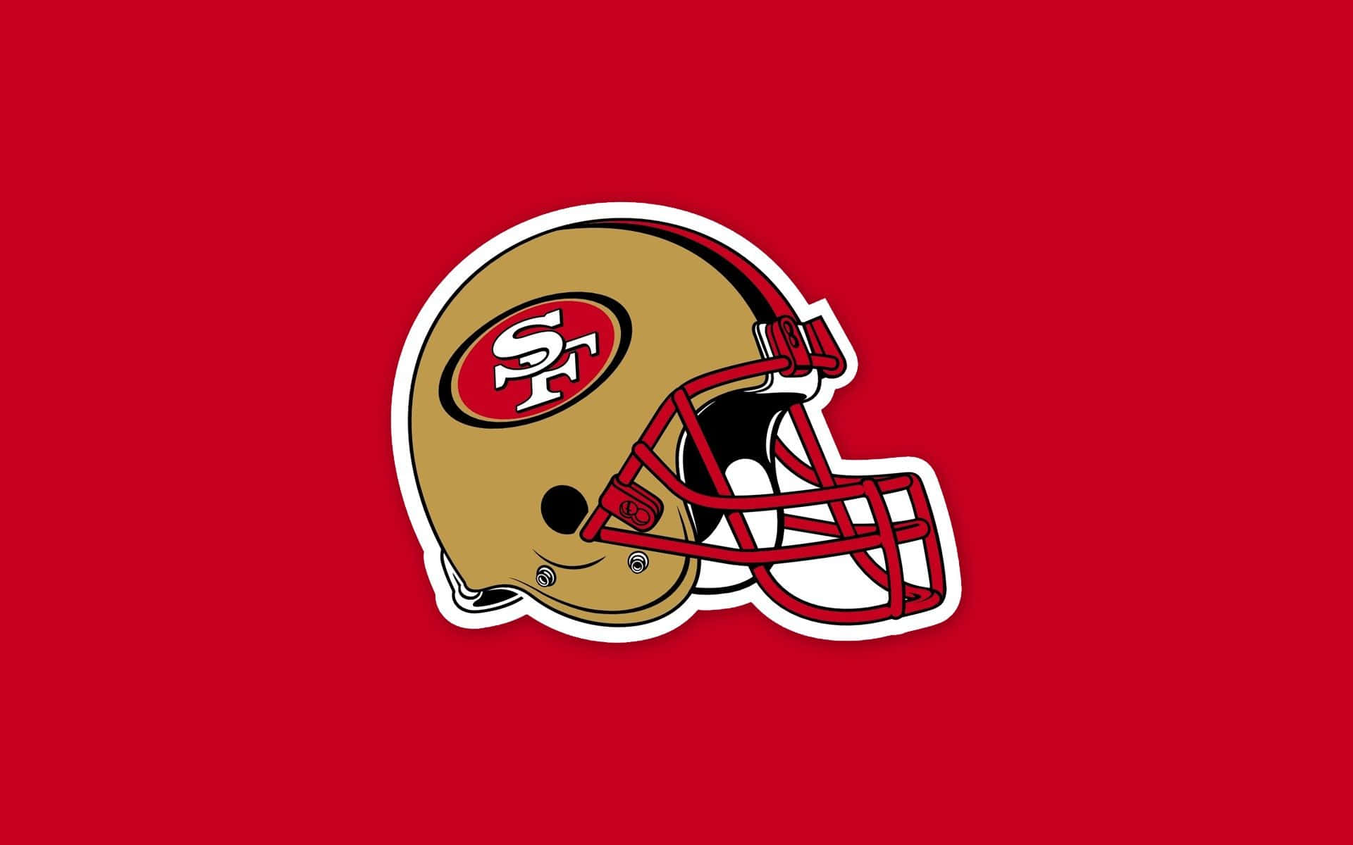 49ers 桌布 壁紙 — 舊金山49人隊美式足球頭盔貼紙，金色和紅色，在純紅色背景上。