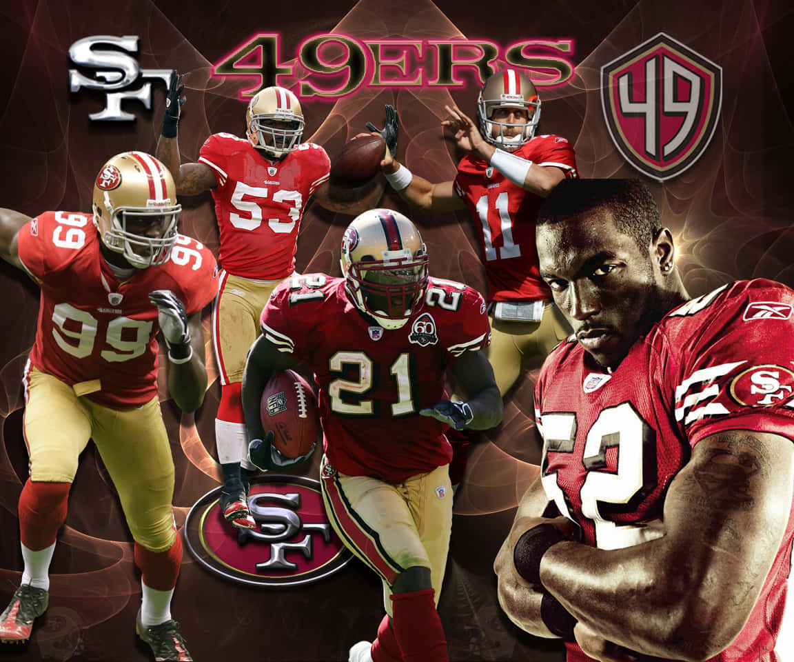 49ers 桌布 壁紙 — 舊金山四九人美式足球員身穿紅金球衣，在黑暗漩渦背景前激烈擺姿勢的動態拼貼畫。