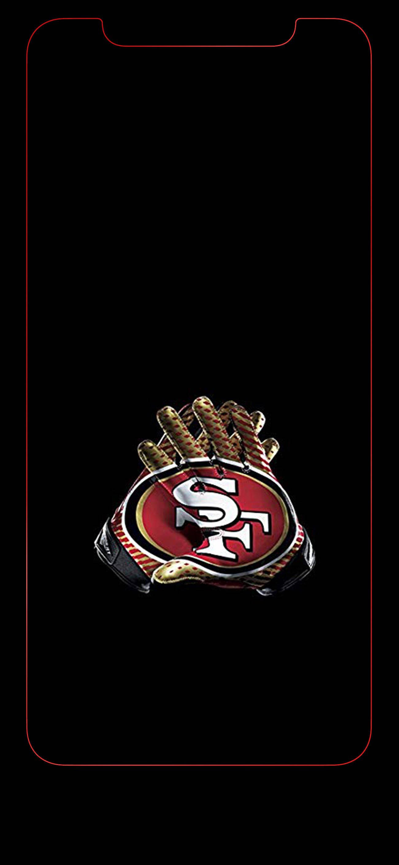 49ers 桌布 壁紙 — 舊金山四九人美式足球手套標誌居中於黑色手機螢幕，帶紅色邊框。