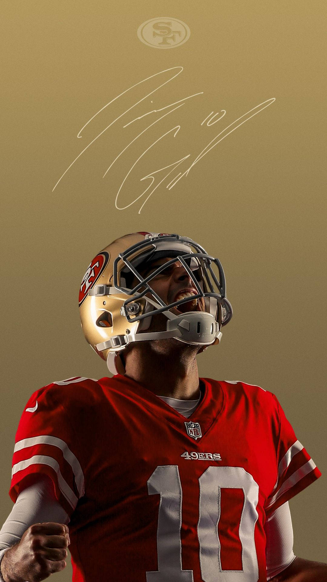 49ers 桌布 壁紙 — 舊金山四九人隊的紅色球衣10號美式足球員在金色背景上勝利咆哮，上方有他的簽名。