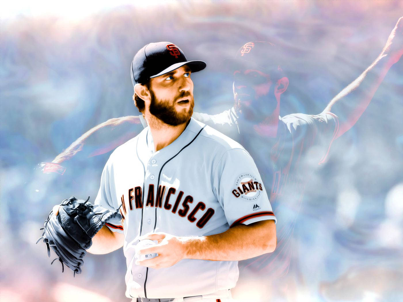 madison bumgarner 桌布 壁紙 — 舊金山巨人隊棒球投手正在動作，背後有鬼影雙重曝光效果。