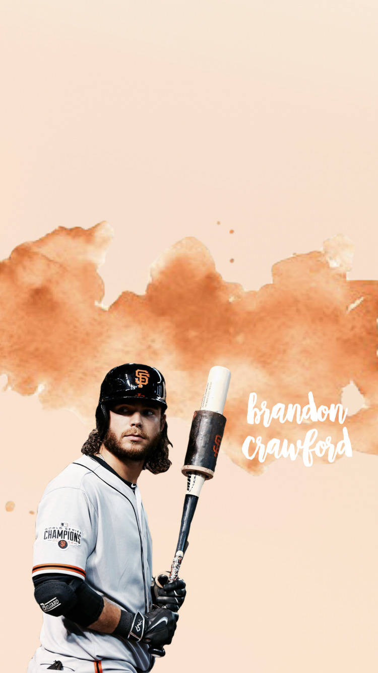 San Francisco Giants 桌布 壁紙 — 舊金山巨人隊棒球選手Brandon Crawford身穿制服，手持球棒，背景為柔和的水彩蜜桃色和橙色。