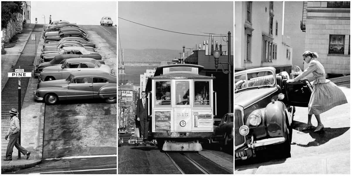 San Francisco Black And White 桌布 壁紙 — 舊金山街景的復古黑白三聯畫，包括停放的汽車、纜車和一位女士正在進入一輛經典汽車。