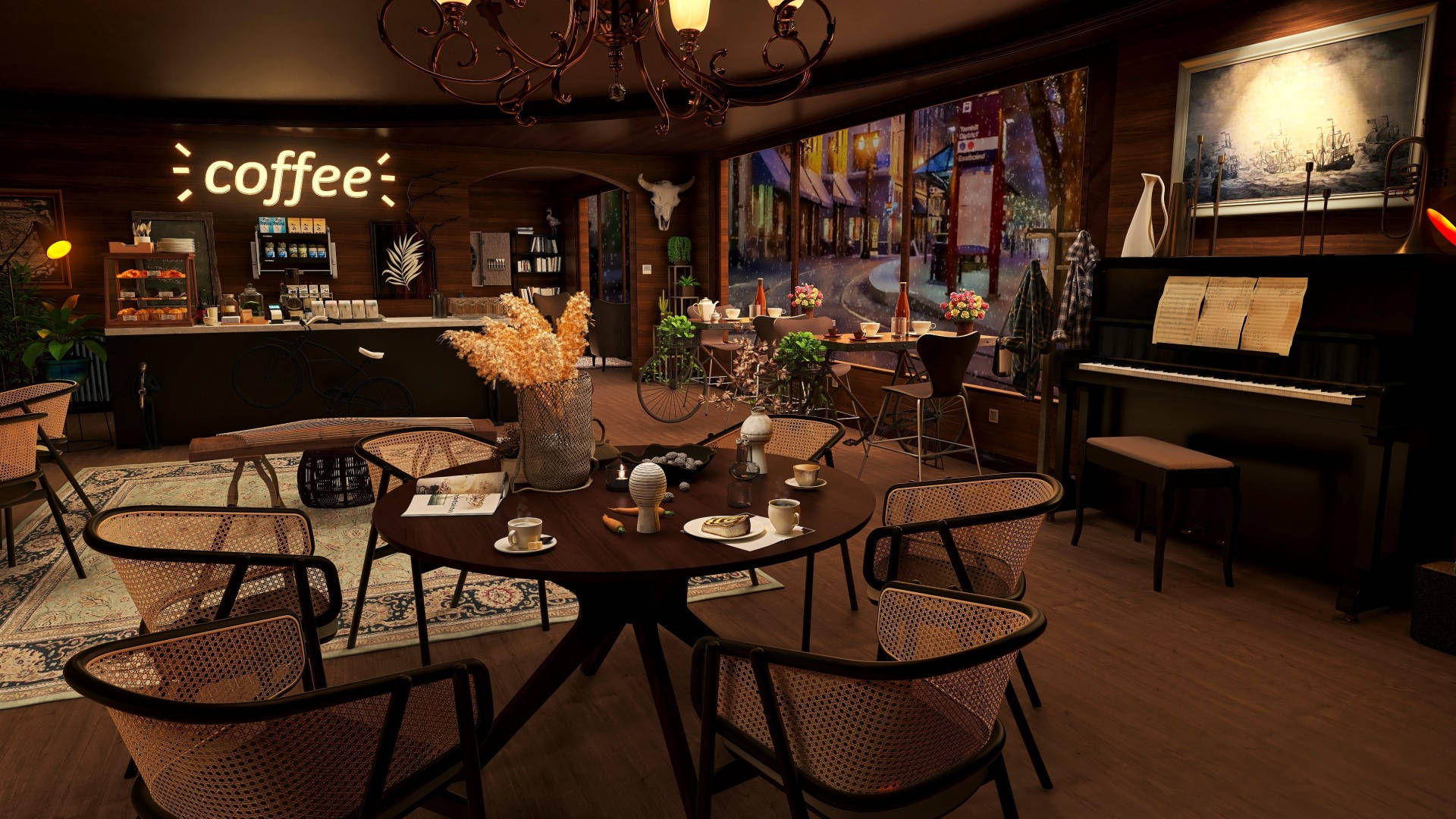 Coffee Shop 桌布 壁紙 — 舒適昏暗的咖啡店，配有木製家具、復古裝飾，以及一架對著雨城市街壁畫的三角鋼琴。