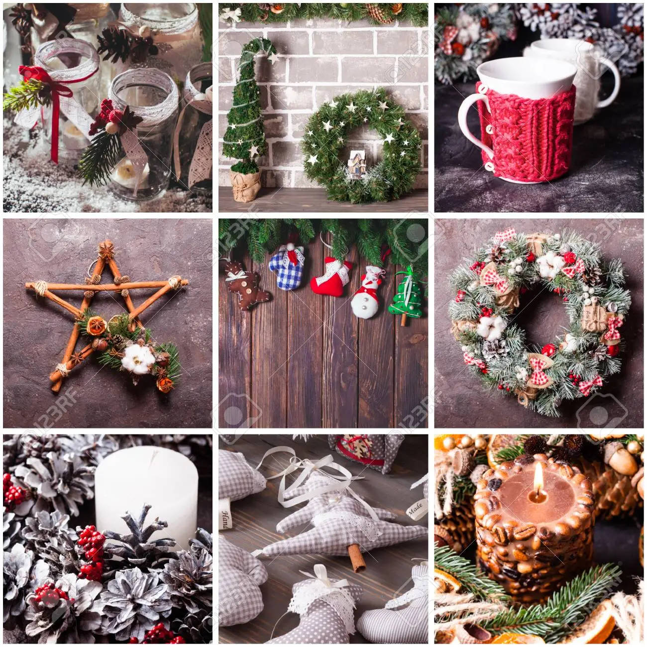 Christmas Collage 桌布 壁紙 — 舒適的冬季假期拼貼畫，包含松果、蠟燭、花環和溫暖色調的鄉村風格裝飾。