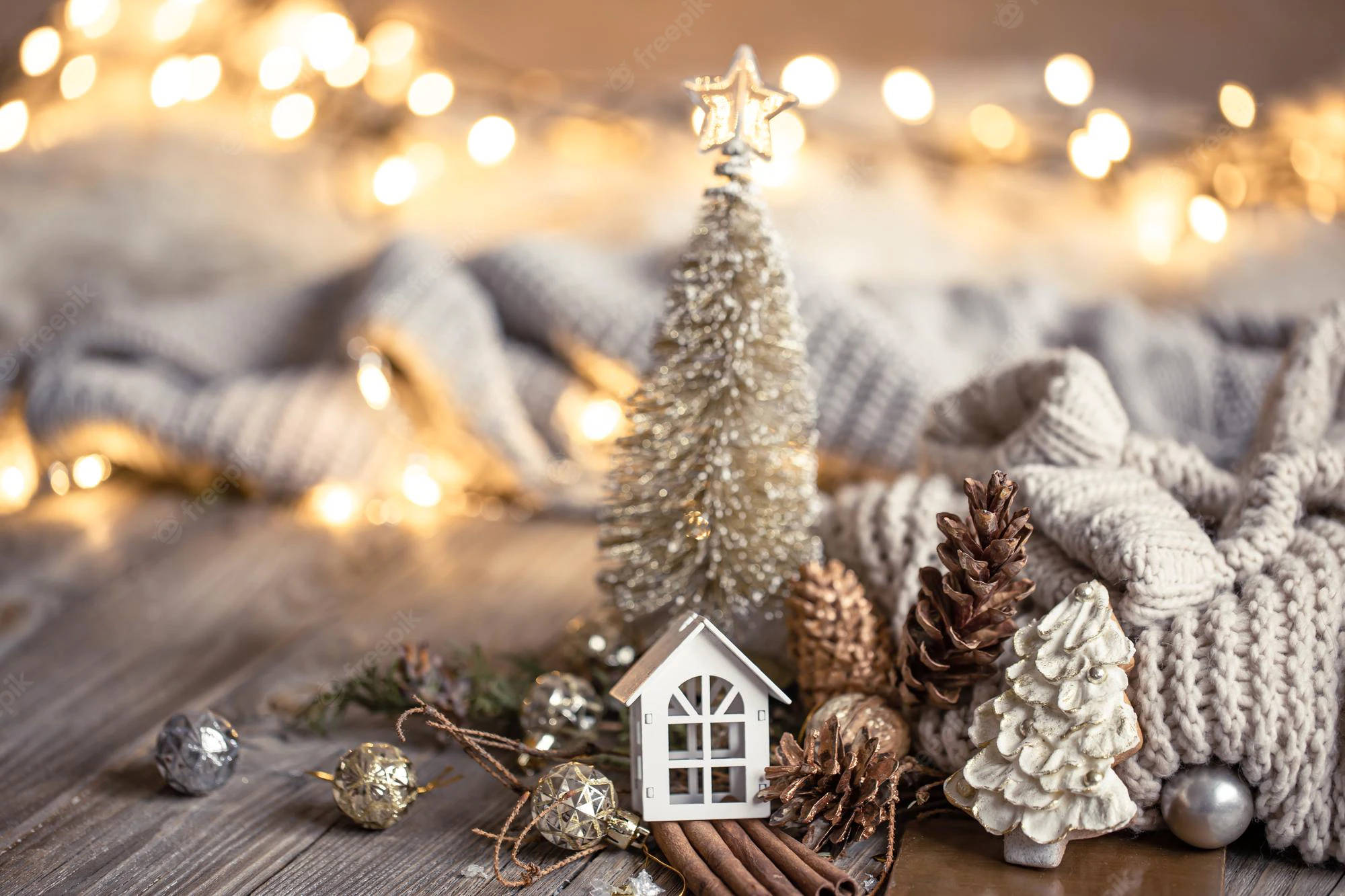 Christmas Aesthetic 桌布 壁紙 — 舒適的冬季假期裝飾，配有迷你樹、松果和針織毯，在溫暖的仙女燈下。