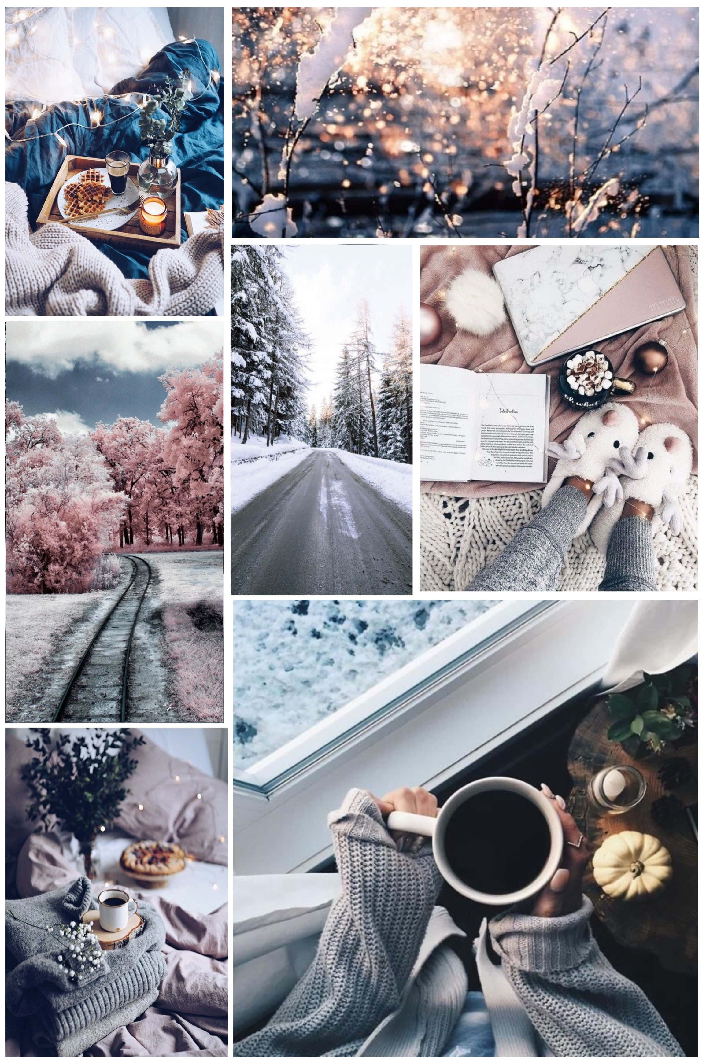 Winter Aesthetic Collage 桌布 壁紙 — 舒適的冬季場景拼貼，包括雪地森林、粉紅樹木、舒適的毯子以及手捧熱飲在窗邊的畫面。