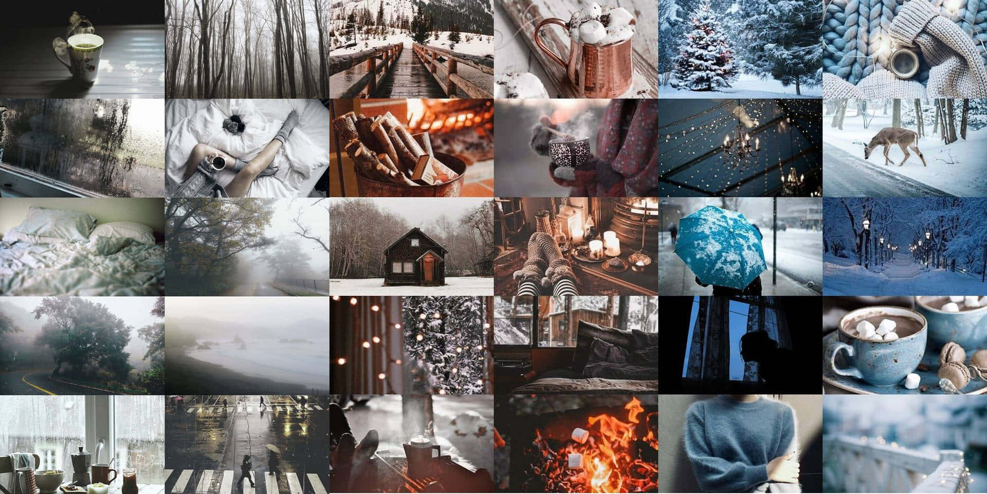 Winter Aesthetic Collage 桌布 壁紙 — 舒適的冬日場景，有白雪覆蓋的樹木、壁爐、熱可可和溫暖的室內燈光，營造出寧靜的節日氣氛。