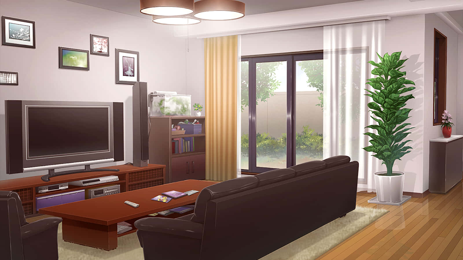 Anime Living Room 桌布 壁紙 — 舒適的動漫風格客廳，設有棕色沙發、木製咖啡桌和可看到外面綠色植物的大窗戶。