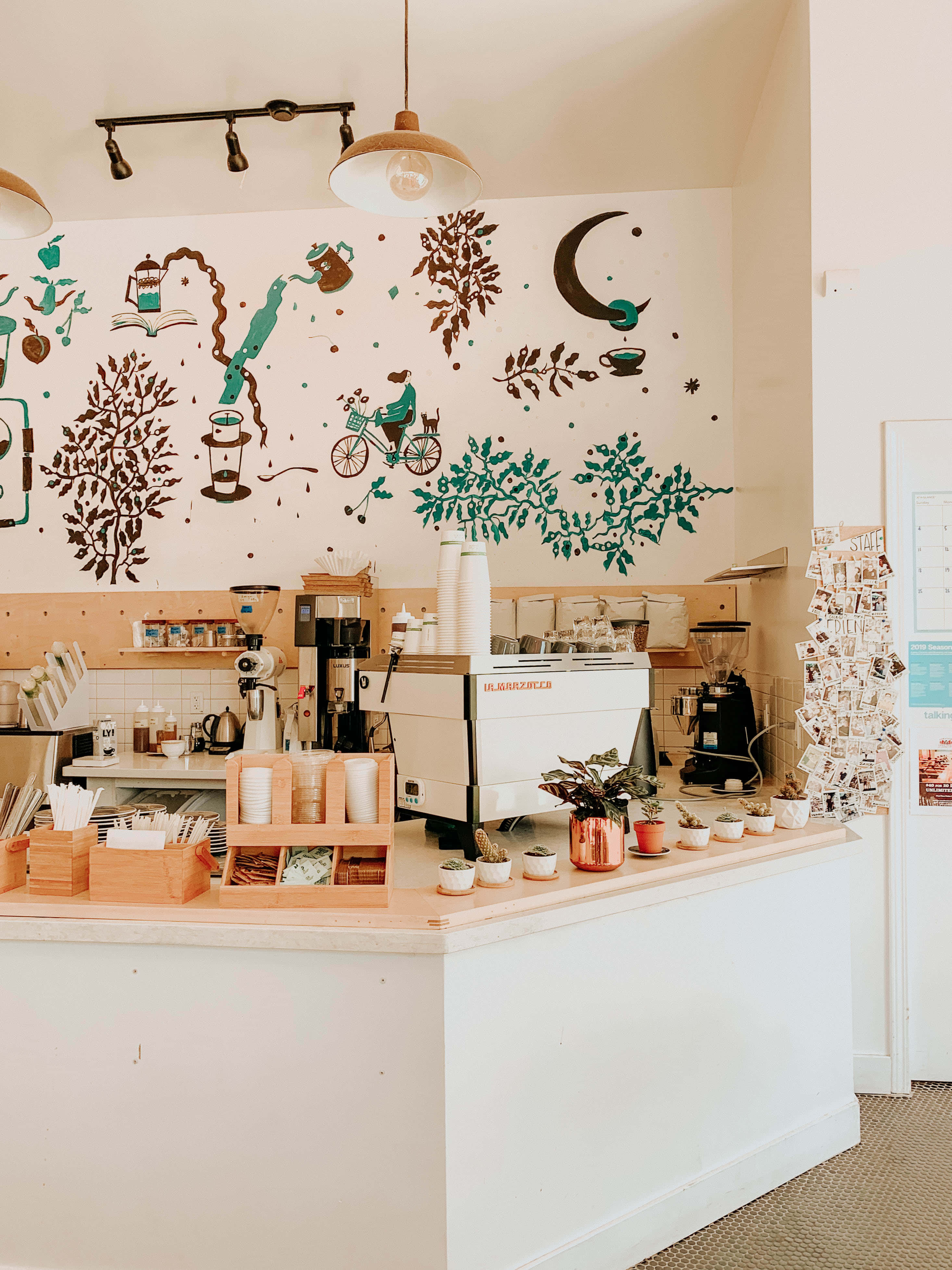 Shop 桌布 壁紙 — 舒適的咖啡廳內部，白色櫃檯上方有咖啡設備，以及一幅以樹木、腳踏車和彎月為主題的奇幻插畫壁畫。