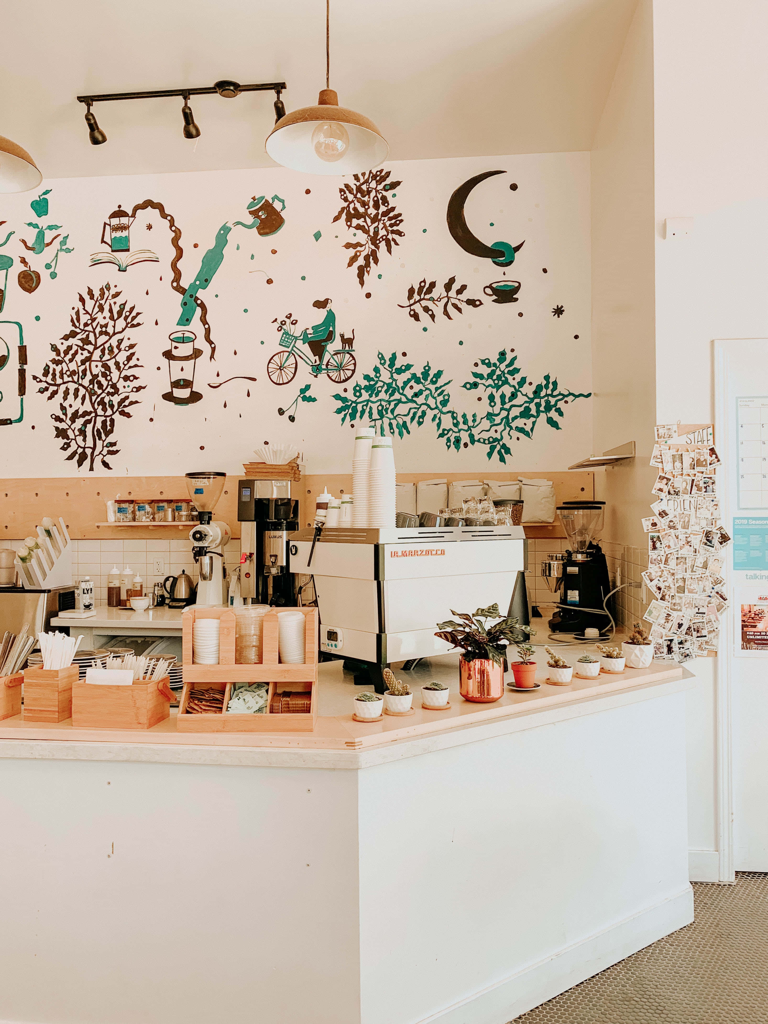 Coffee Aesthetic 桌布 壁紙 — 舒適的咖啡館內部，白色櫃檯上方有樹木、自行車和新月的夢幻插畫壁畫，櫃檯上放有咖啡設備。