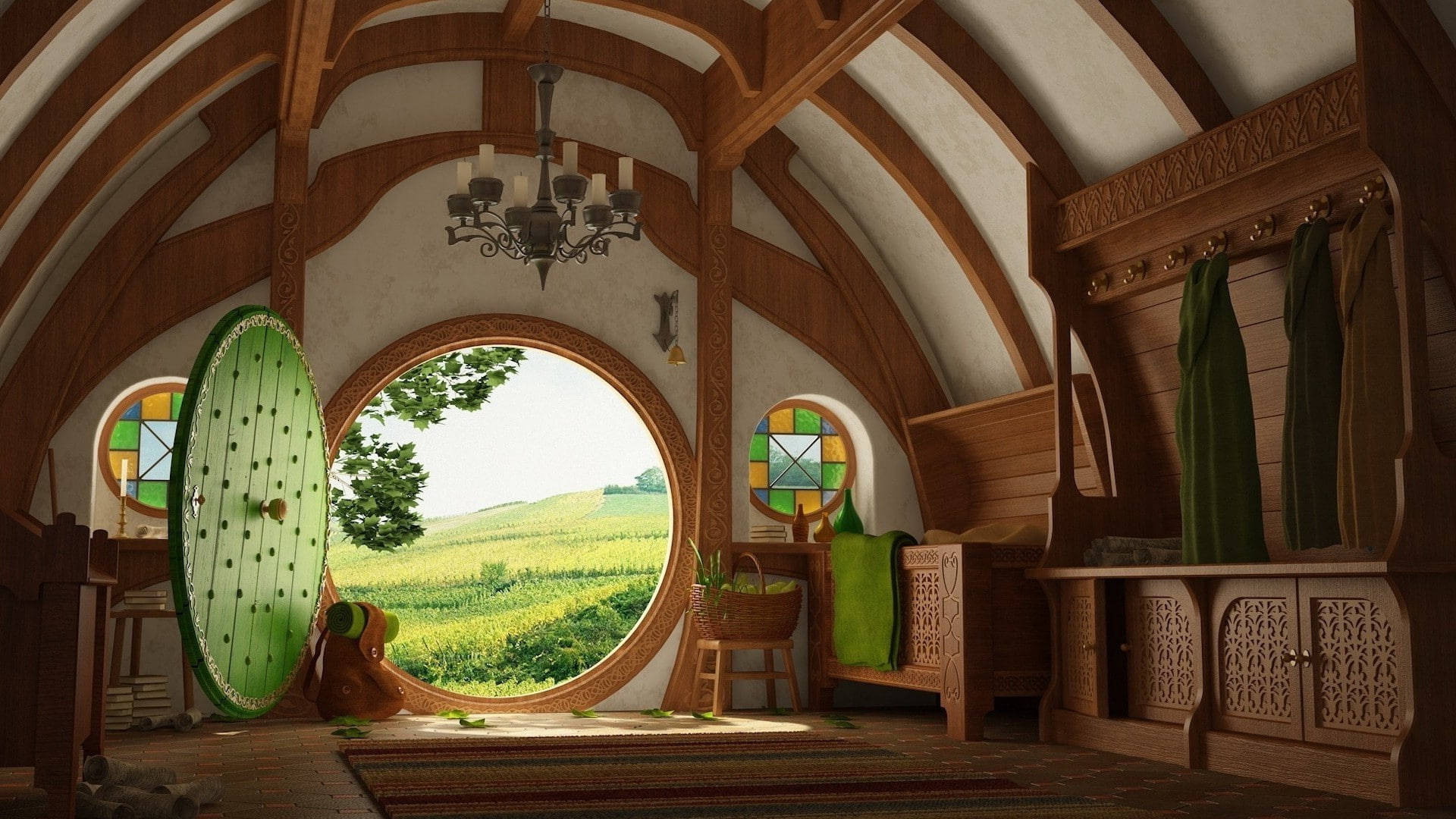 Lord Of The Rings Landscape 桌布 壁紙 — 舒適的哈比人房屋內部，有木樑和圓形門，通向陽光明媚的綠色田野。