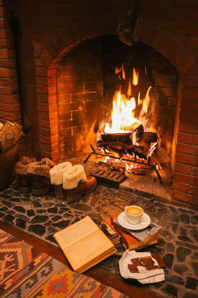 Autumn Fireplace 桌布 壁紙 — 舒適的壁爐溫暖地劈啪作響，靴子和拿鐵放在石爐邊打開的書本旁。