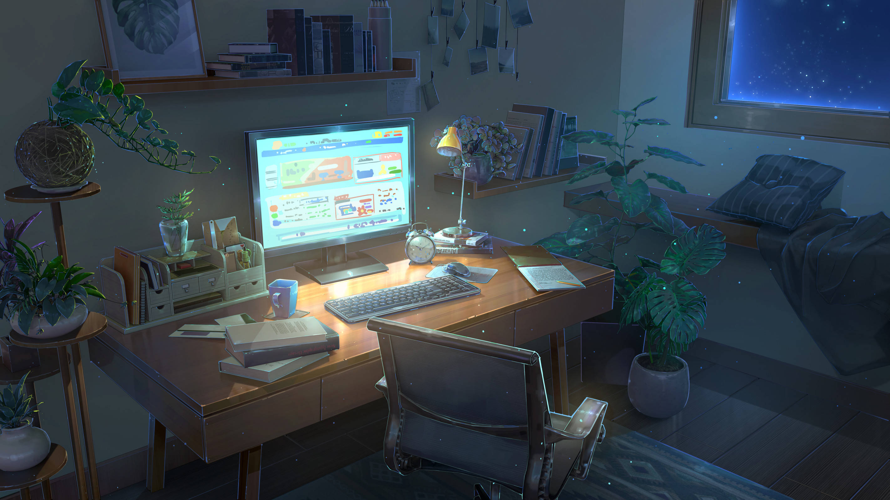 Bedroom 桌布 壁紙 — 舒適的夜間家庭辦公室，配備發光顯示器、檯燈和星光窗景，周圍環繞著茂盛的植物。