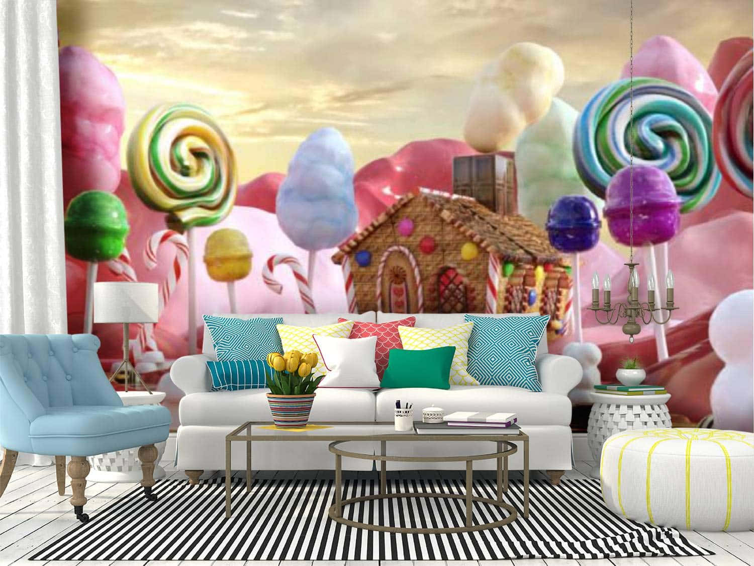 Candy Land 桌布 壁紙 — 舒適的客廳採用夢幻糖果主題壁紙，在柔和夕陽天空下，有巨型棒棒糖、棉花糖和薑餅屋。