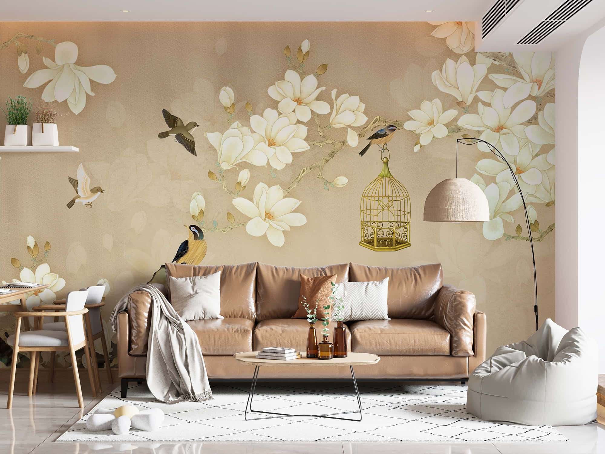 Living Room 桌布 壁紙 — 舒適的客廳設有米色牆壁壁畫，上面有白色木蘭花、鳥類和金色鳥籠，下方是棕色皮革沙發。