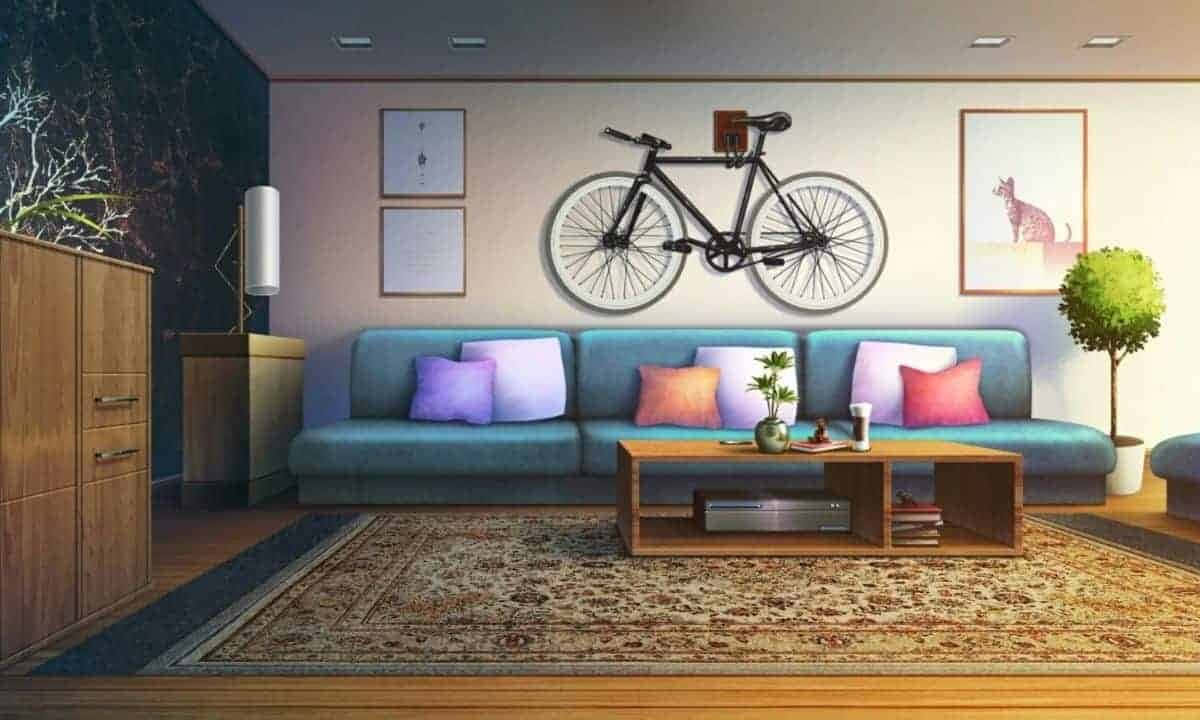 Anime Living Room 桌布 壁紙 — 舒適的客廳設有藍綠色沙發，上面放著彩色靠墊，下方掛著黑色腳踏車，周圍是木製家具和圖案地毯。