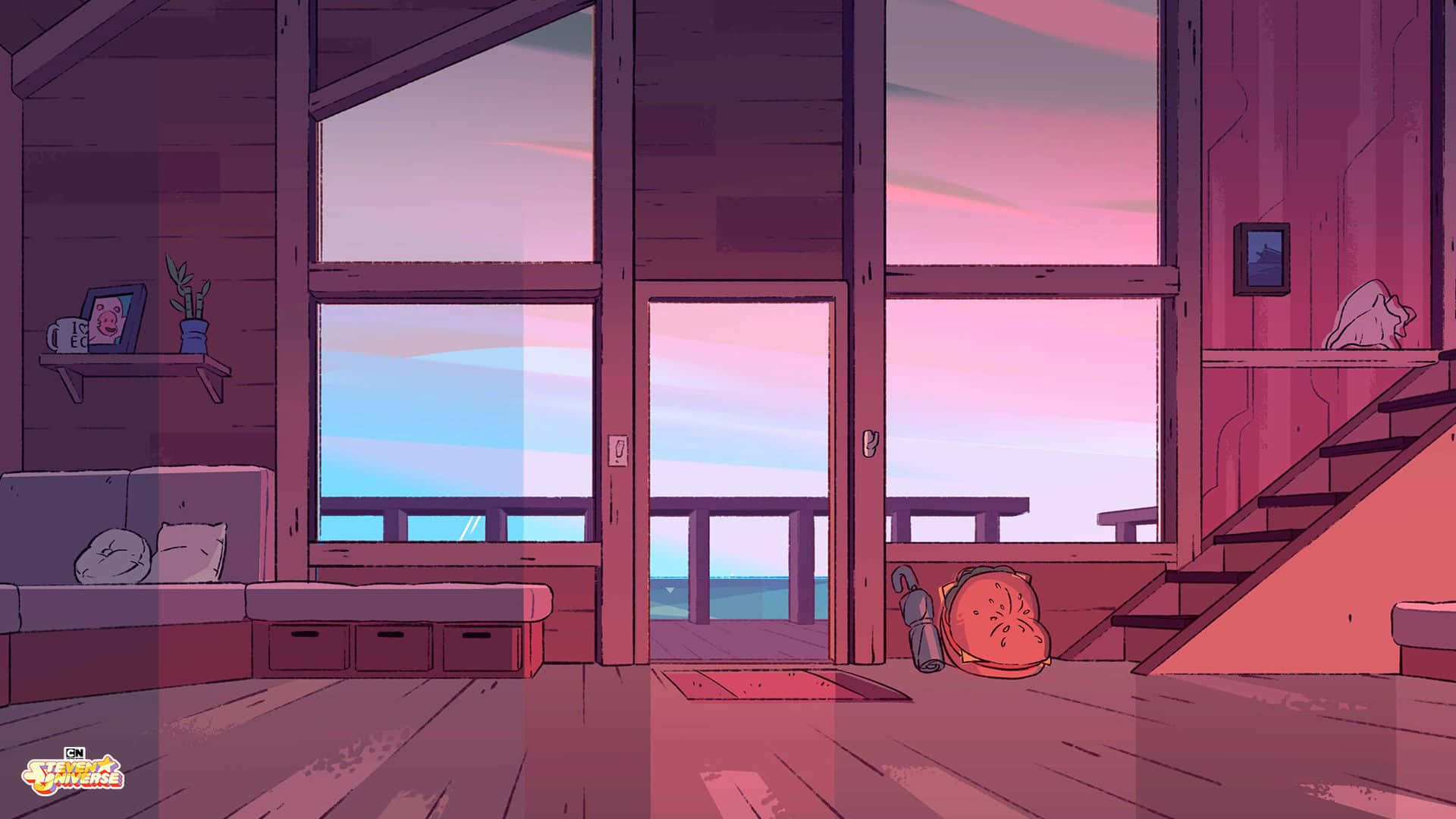 Animated 桌布 壁紙 — 舒適的小屋內部，粉紅色和紫色的日落光線透過大窗戶照射進來，窗外是水景。