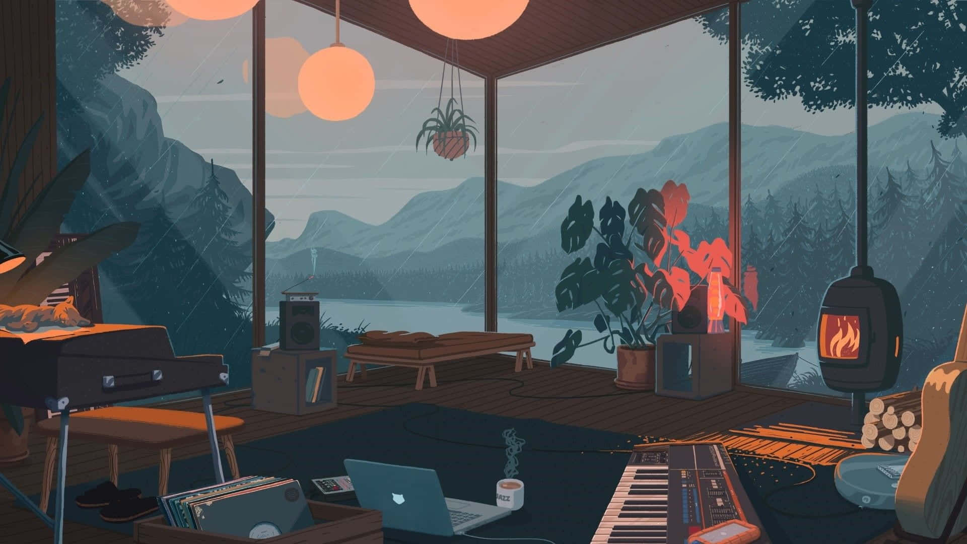 lofi 桌布 壁紙 — 舒適的小屋內部，設有壁爐，透過大窗戶欣賞黃昏時分的山湖景色。