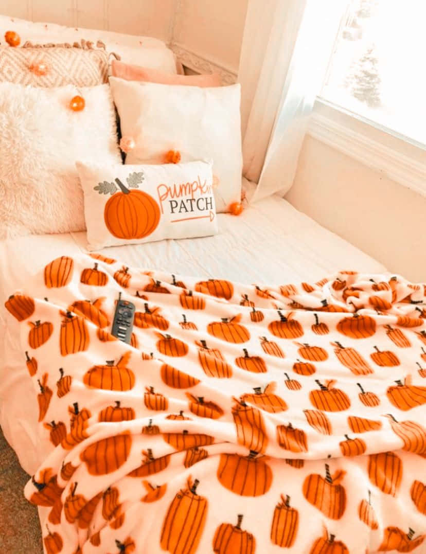 秋季美學 桌布 壁紙 — 舒適的床上鋪著南瓜圖案的毯子和一個「Pumpkin Patch」枕頭，沐浴在窗戶透進的柔和自然光中。