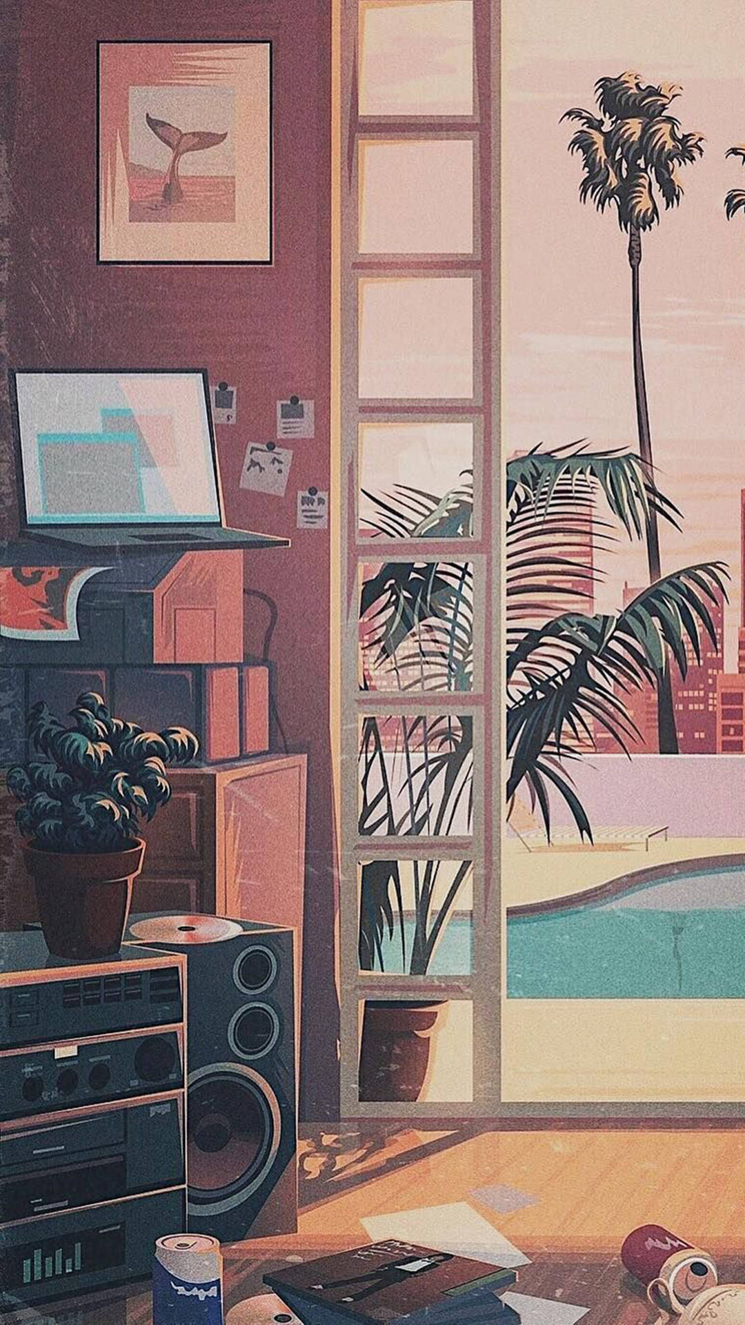 Bedroom 桌布 壁紙 — 舒適的復古房間，配有復古立體聲音響和筆記型電腦，透過高窗俯瞰日落時分的泳池和棕櫚樹。