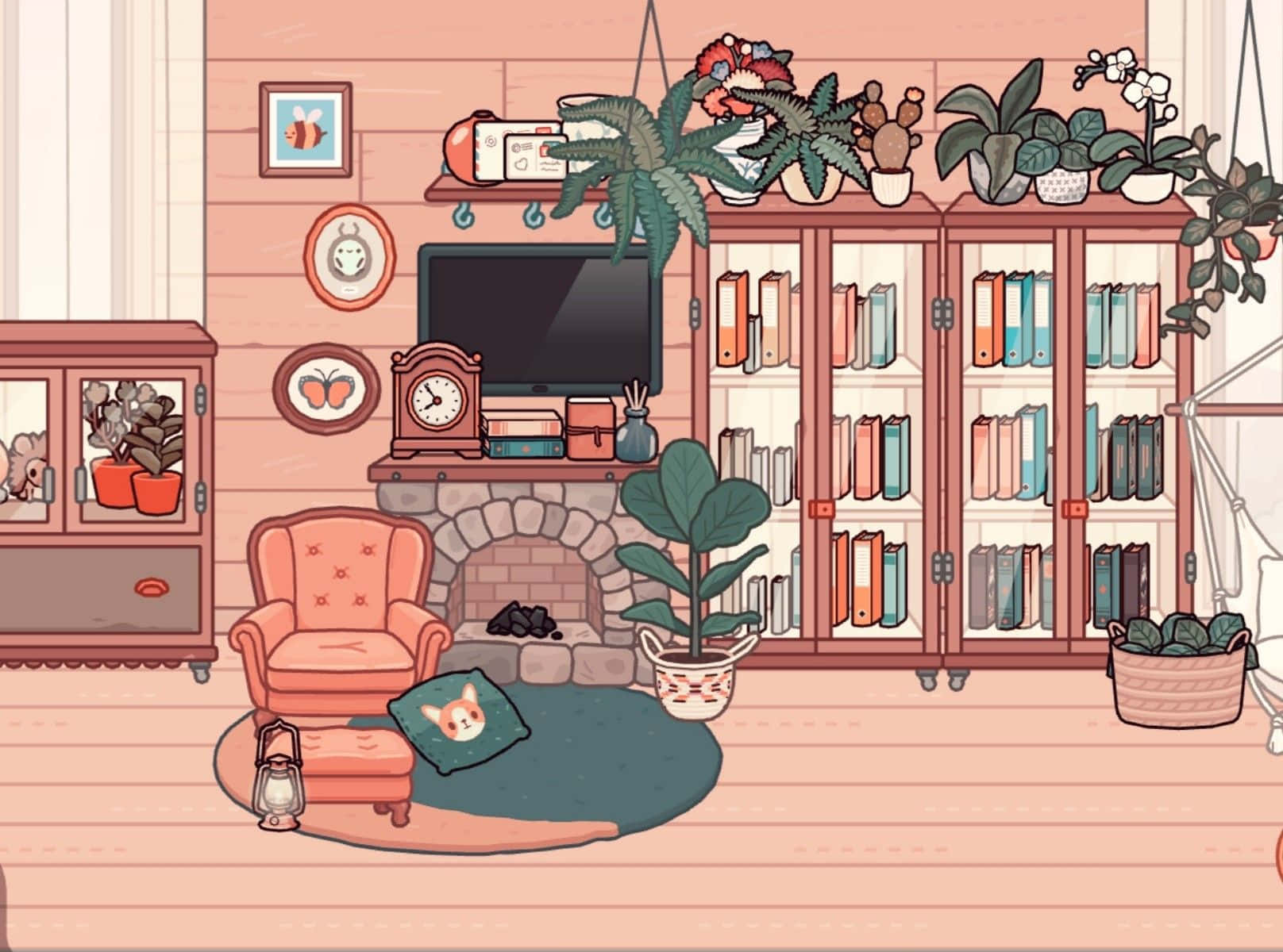 Bookshelf 桌布 壁紙 — 舒適的插圖客廳，配有粉紅色扶手椅、壁爐、書架和掛植物，色調溫暖。