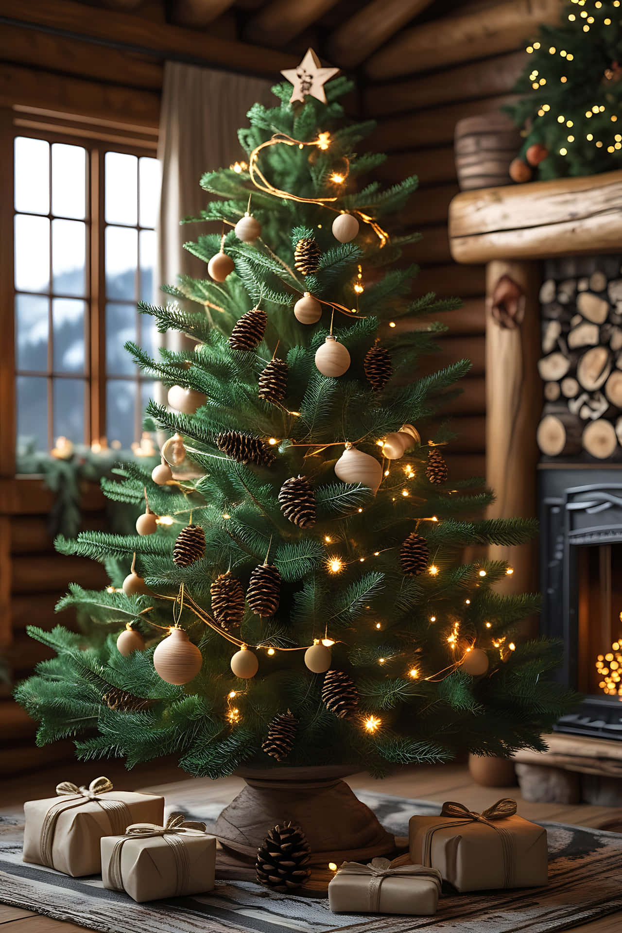 Cozy christmas tree in rustic cabin 壁紙 — 舒適的木屋內有一棵裝飾著松果、燈串和禮物的聖誕樹，樹下靠近壁爐。