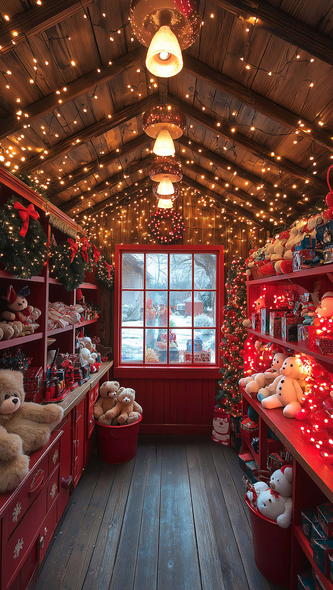 Christmas Wallpapers 壁紙 — 舒適的木屋內部，紅色架子上擺滿了泰迪熊和節日燈飾。