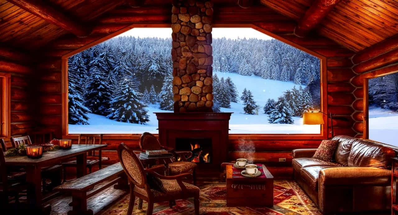 Cozy Winter Cabin 桌布 壁紙 — 舒適的木屋內部，設有石壁爐，透過大型拱形窗戶可以看到白雪覆蓋的松樹林。