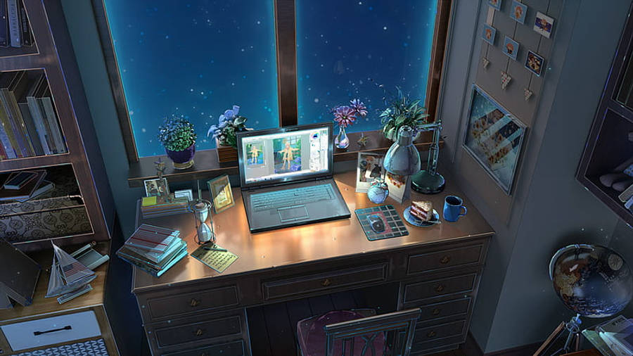 Night Aesthetic 桌布 壁紙 — 舒適的木桌在夜晚，筆記型電腦顯示動漫角色，星空窗戶，散落的書籍和照片。