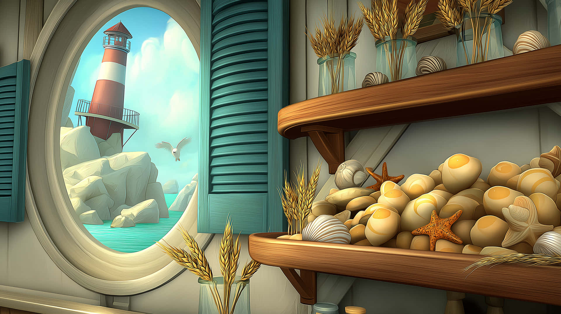 Coastal Room Decor with Lighthouse and Ocean View through Window 壁紙 — 舒適的海邊小屋內部，設有木架，擺放貝殼、小麥和海星，透過圓窗眺望燈塔。