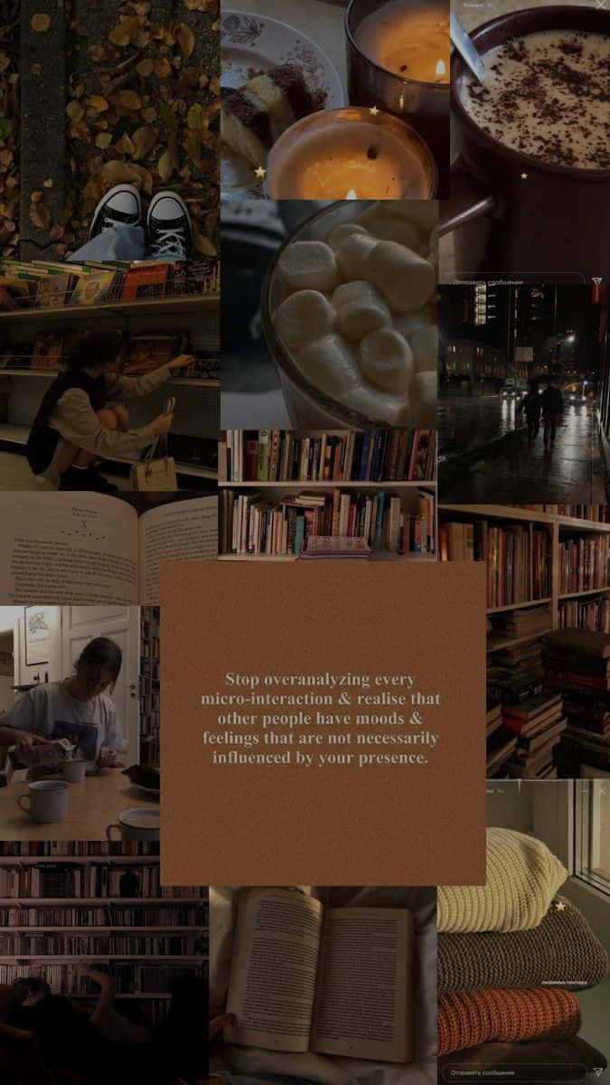 Pretty Fall 桌布 壁紙 — 舒適的秋季主題拼貼畫，描繪昏暗圖書館中的書架、熱飲和寧靜時刻。
