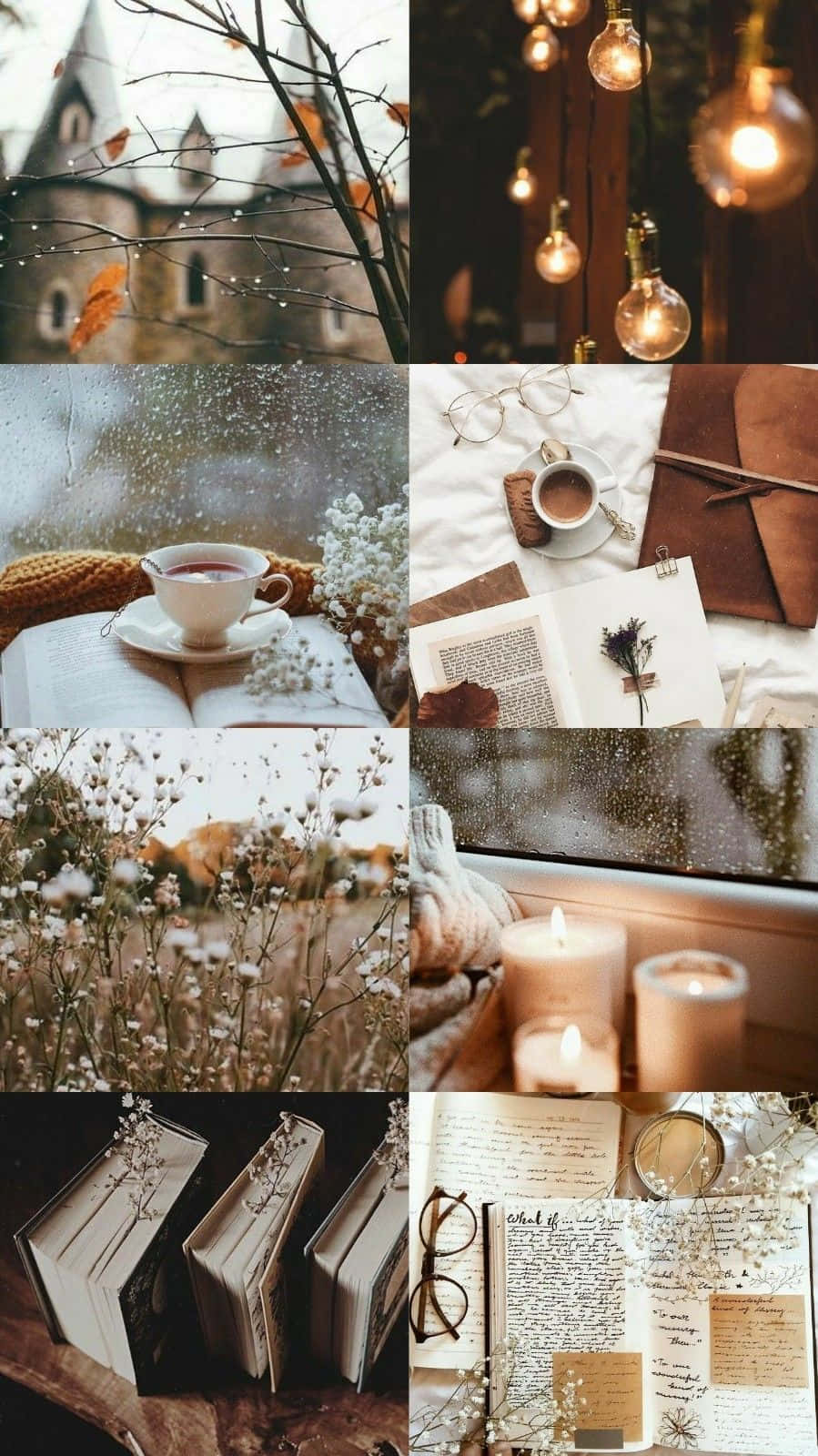 Fall Collage 桌布 壁紙 — 舒適的秋季拼貼畫， featuring 窗邊的雨滴、乾花、點燃的蠟燭和復古書籍，以溫暖的大地色調呈現。
