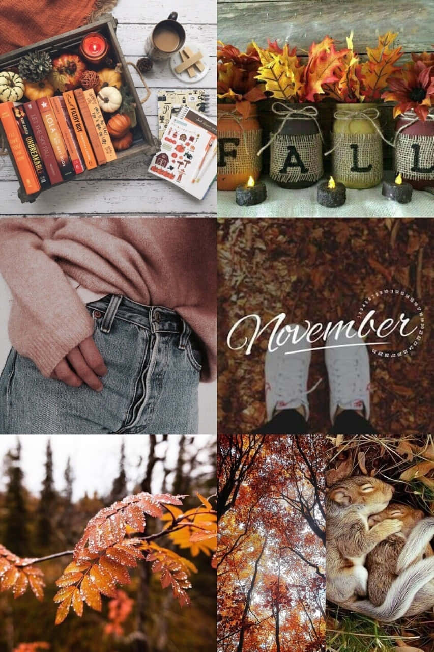 Autumn Collage 桌布 壁紙 — 舒適的秋季拼貼畫， featuring 秋季裝飾、書籍、蠟燭、穿著毛衣和靴子的人，以及睡在彩色樹葉中的松鼠。