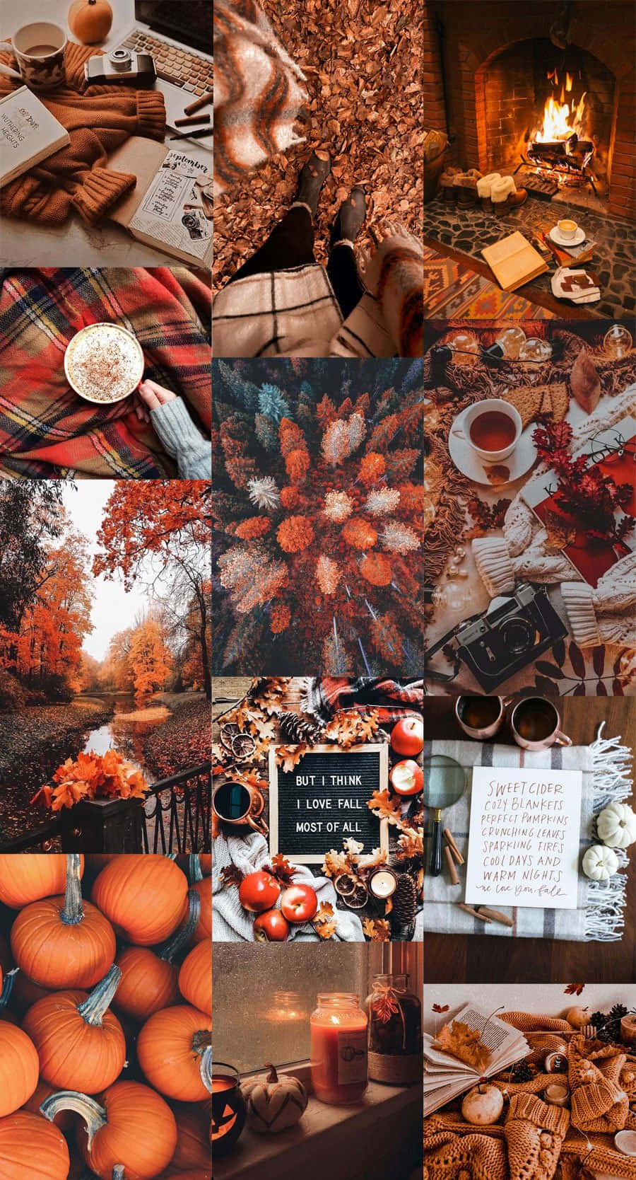 Cute Autumn 桌布 壁紙 — 舒適的秋季拼貼畫，以南瓜、壁爐、毯子和熱飲為特色，採用豐富的橙色、棕色和奶油色調。