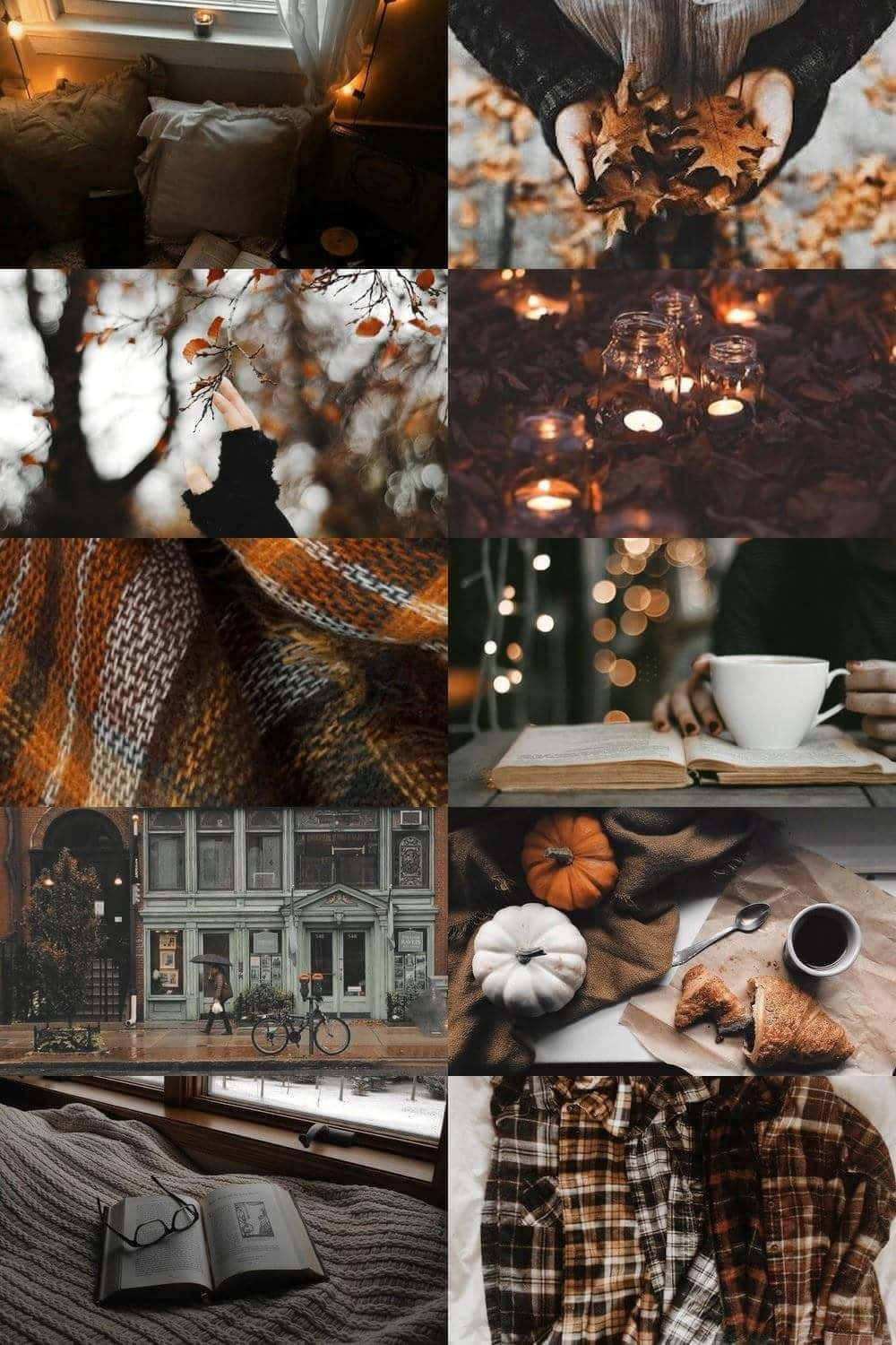 Fall Collage 桌布 壁紙 — 舒適的秋季拼貼畫，包含溫暖燈光、毛毯、南瓜和舒適的室內時刻。
